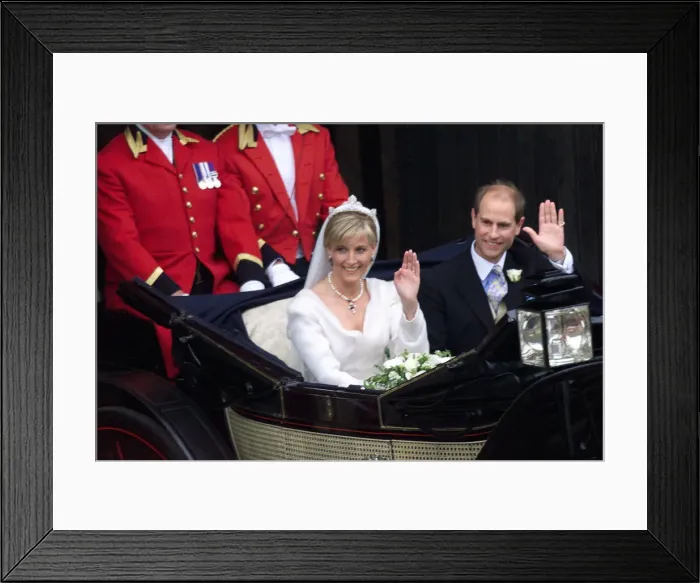 Framed Print : Prince Edward Royal Wedding 1999 Edward and his bride Sophie Rhys-Jones wave Framed Print : Prince Edward Royal Wedding 1999 Edward and his bride Sophie Rhys-Jones wave