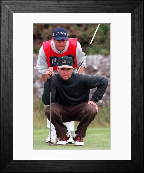 Framed Print : Davis Love 111 at Troon for Open Championship July 1997 with caddie as he works out his