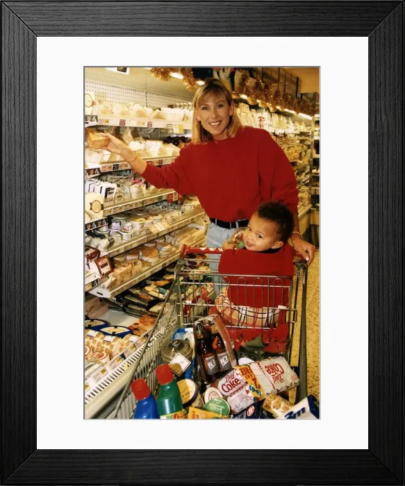 Framed Print : Sharron Davies TV Presenter / Swimmer shopping with her son Elliott Framed Print : Sharron Davies TV Presenter / Swimmer shopping with her son Elliott