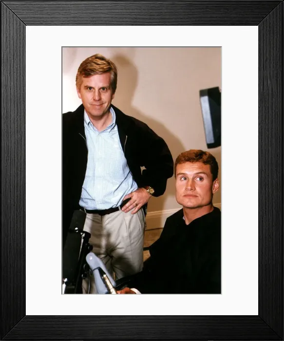 Framed Print : Steve Ryder TV presenter of Grandstand interviews David Coulthard the Formula one driver Framed Print : Steve Ryder TV presenter of Grandstand interviews David Coulthard the Formula one driver