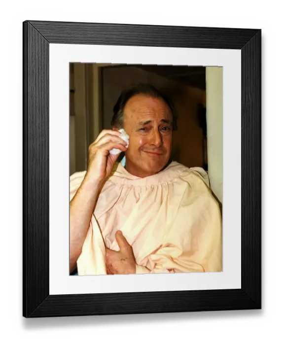 Framed Print : David Jacobs TV Presenter DJ of the TV show PrimeTime removing his make up after playing