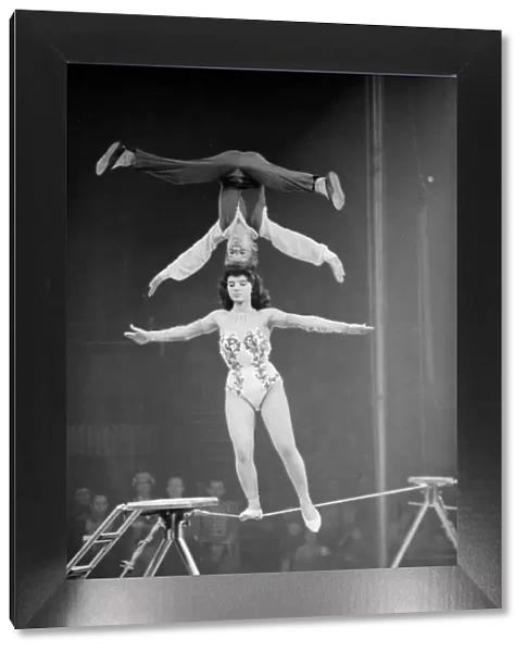 Acrobats performing on the low wire at the Bertrams Circus Circa 1959