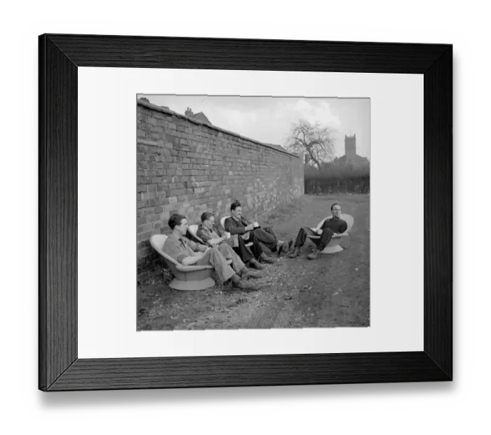 Framed Print : An alternative use for a hip bath. These workmen are using them as seats so they can