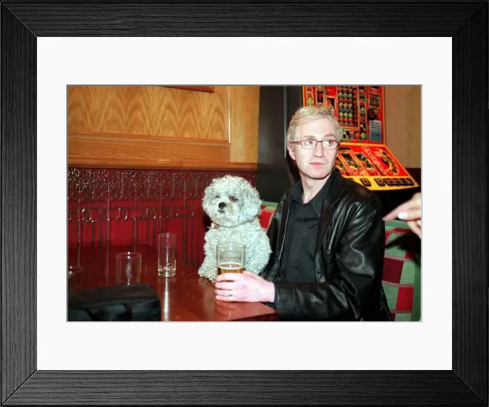 Framed Print : Paul O Grady aka Lily Savage with dog May 1999 drinking pint of lager in Griffin pub