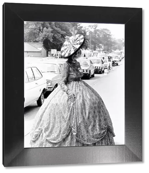 Mrs Gertrude Shilling at Royal Ascot with a dartboard hat creation June 1984