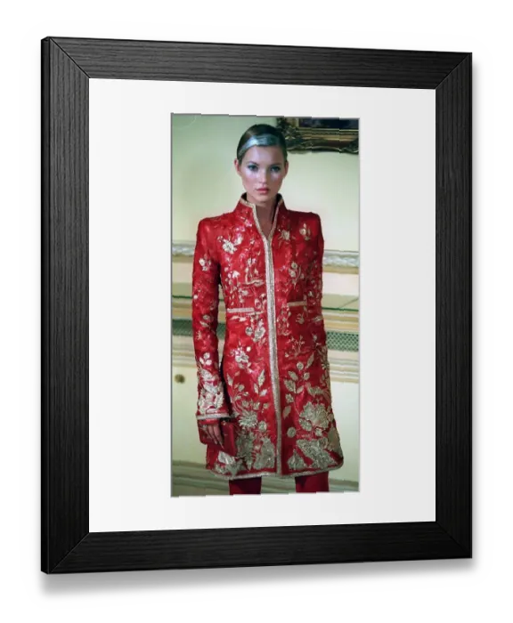 Framed Print : Kate Moss models Chanel at the Paris Fashion Show Red Chinese style long sleeved