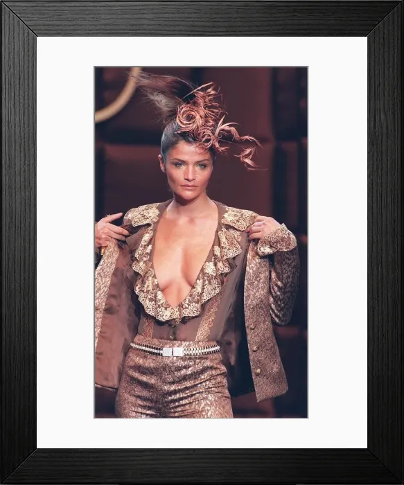 Framed Print : Helena Christensen models for Valentino in Paris Taking odd jacket top with plunging