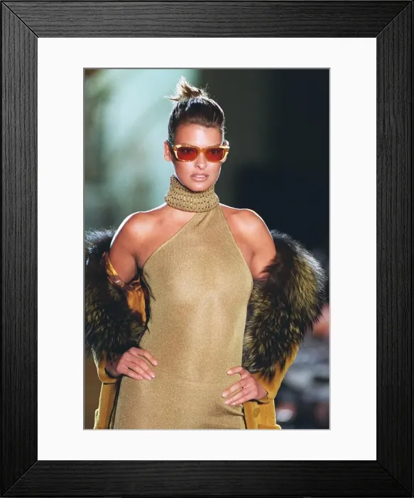Framed Print : Linda Evangalista models for Versace at Paris fashion show Gold dress with collar Framed Print : Linda Evangalista models for Versace at Paris fashion show Gold dress with collar