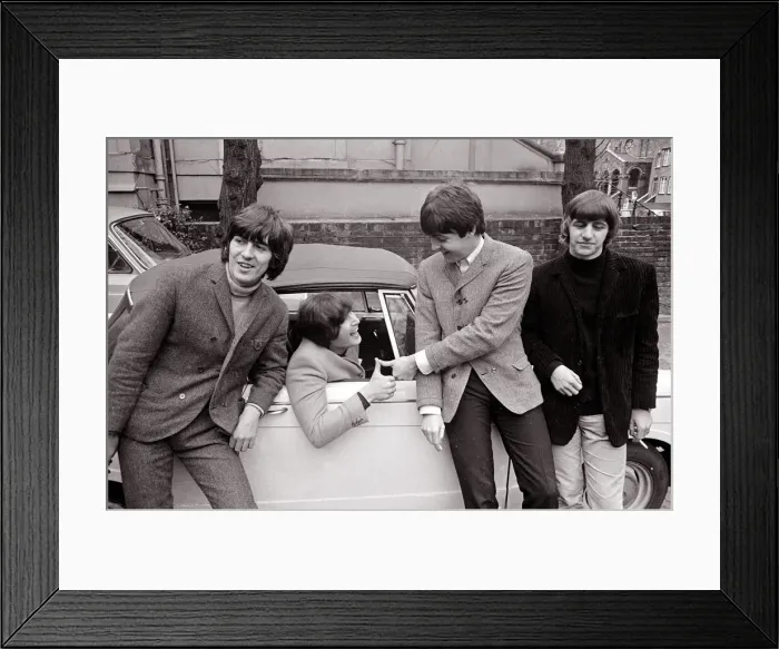 Framed Print : The Beatles by John Lennons car after he passed his L-test 15th February 1965
