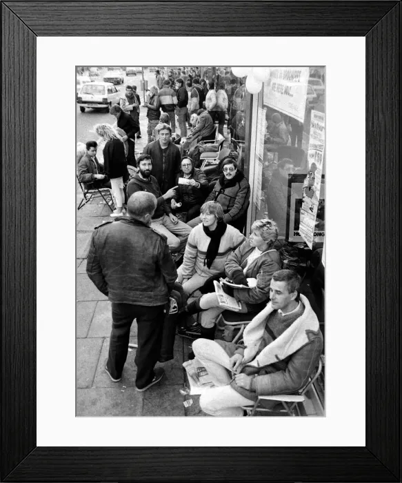 Framed Print : The queue outside Lunn Poly Travel Agent to snap up a £ Framed Print : The queue outside Lunn Poly Travel Agent to snap up a £