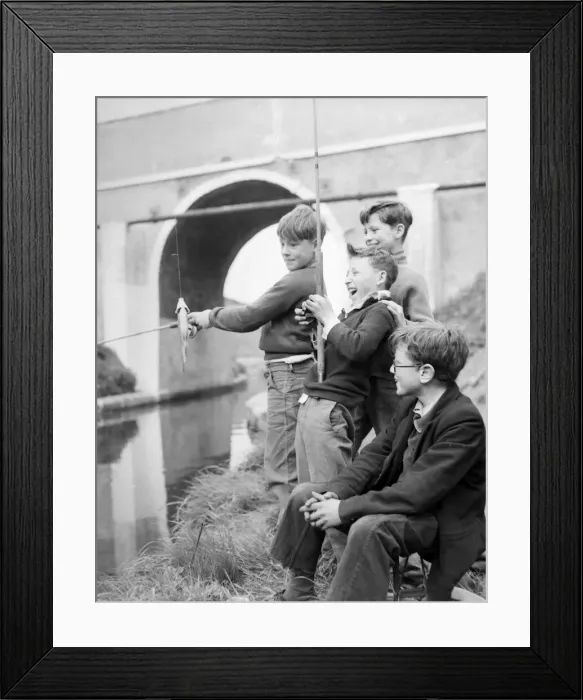 Framed Print : Four young anglers fish at the canal for perch. They are Peter Bethell Framed Print : Four young anglers fish at the canal for perch. They are Peter Bethell