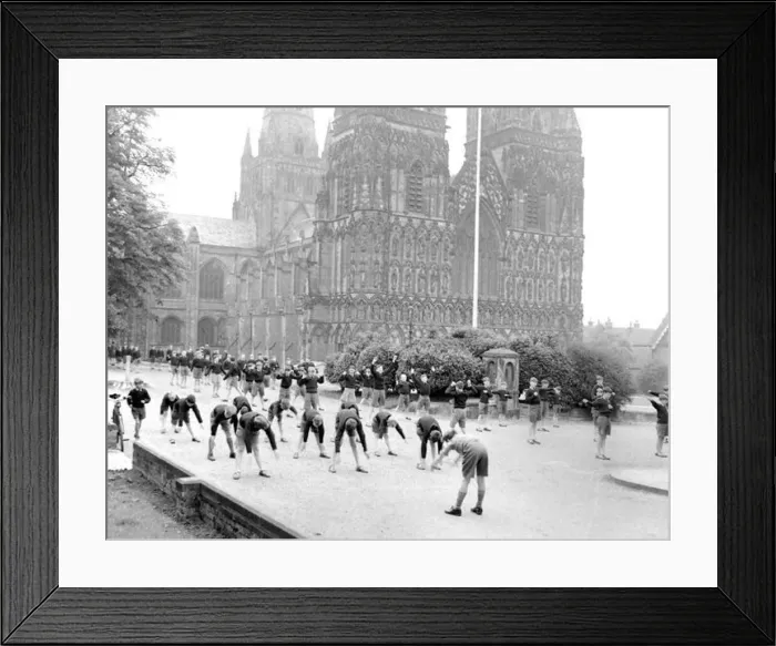 : Children doing their daily PT in the grounds of Lichfield Cathedral. September 1959 : Children doing their daily PT in the grounds of Lichfield Cathedral. September 1959