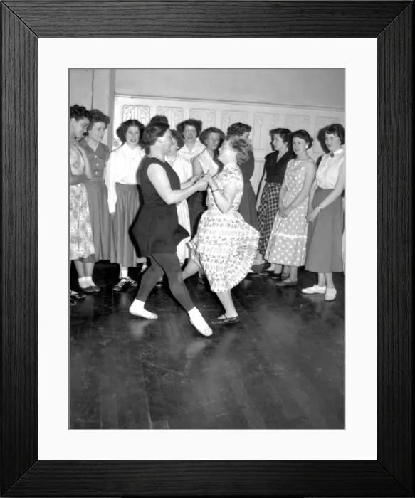 Framed Print : Mrs Sally Legg (in black) does a pas de basque and turn with a fellow member of her Framed Print : Mrs Sally Legg (in black) does a pas de basque and turn with a fellow member of her