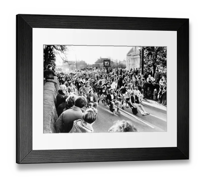 Framed Print : The New Year annual wheelbarow is off and they re running (and pushing) in 1981