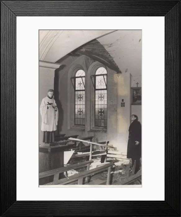 Framed Print : A Roman Catholic church damaged by enemy action during an air raid on the North East of Framed Print : A Roman Catholic church damaged by enemy action during an air raid on the North East of