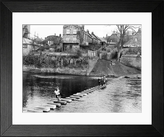 Framed Print : Children cross the River Wansbeck on stepping stones near Bothal Wood at Morpeth Framed Print : Children cross the River Wansbeck on stepping stones near Bothal Wood at Morpeth