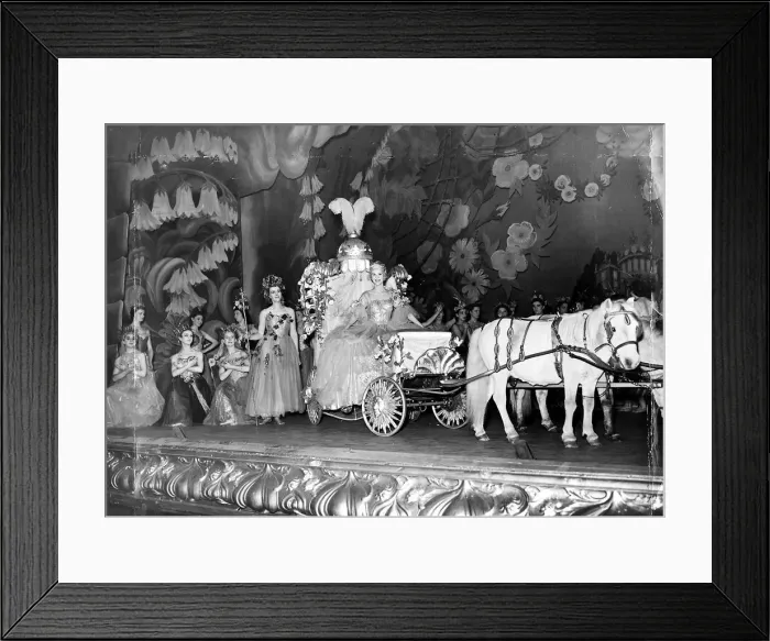 Framed Print : The fairytale coach drawn by white ponies moves across the stage at Newcastle Framed Print : The fairytale coach drawn by white ponies moves across the stage at Newcastle