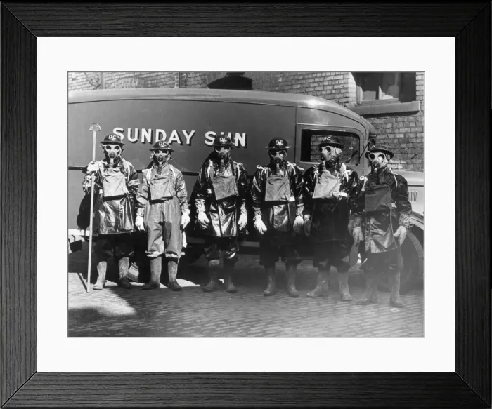 Framed Print : Air raid precautions - Men wearing World War Two gas masks and protective clothing