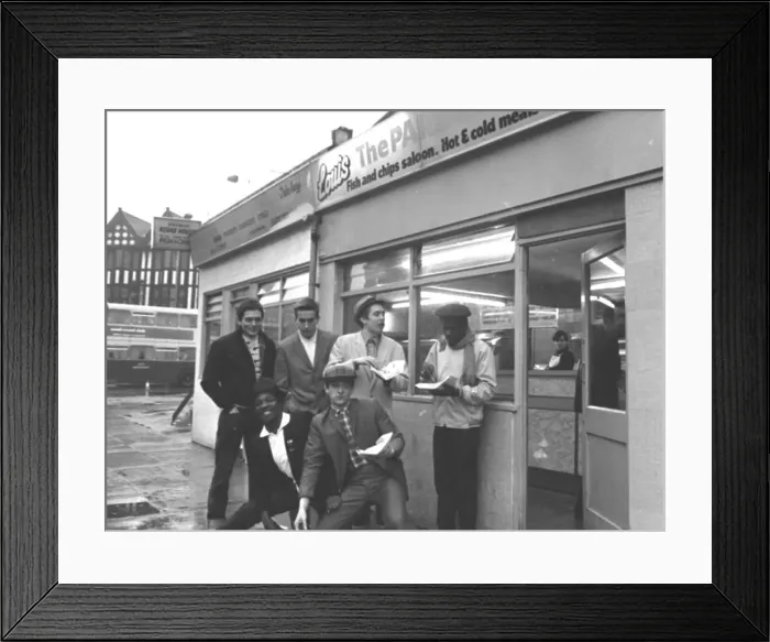 Framed Print : The Specials pop group in chip shop called The Parsons Nose Framed Print : The Specials pop group in chip shop called The Parsons Nose