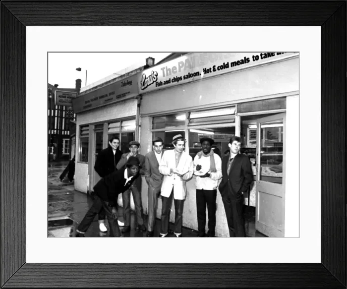 Framed Print : The Specials pop group in chip shop called The Parsons Nose Framed Print : The Specials pop group in chip shop called The Parsons Nose