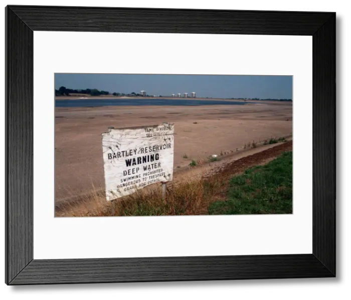 Framed Print : Sign warning of deep water at drought hit Bartley Green Resevoir, Birmingham
