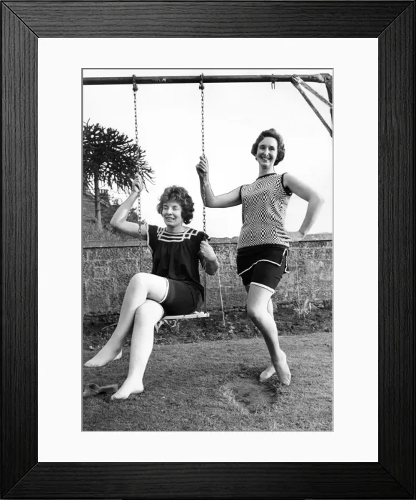 Framed Print : Two actresses wearing 1920s swimming costumes