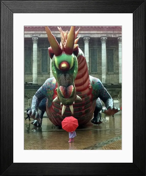Framed Print : Enter the dragon... a youngster braves the rain to take a look at a giant inflatable Framed Print : Enter the dragon... a youngster braves the rain to take a look at a giant inflatable