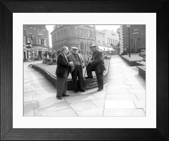 Framed Print : Three old men putting the world to right in the town centre of Stourbridge. 1958 Framed Print : Three old men putting the world to right in the town centre of Stourbridge. 1958