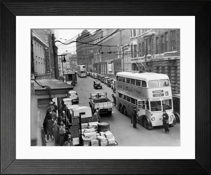 Framed Print : Unregulated parking causes problems in Newcastles Westgate Road, in 1953. Trolleybus Framed Print : Unregulated parking causes problems in Newcastles Westgate Road, in 1953. Trolleybus