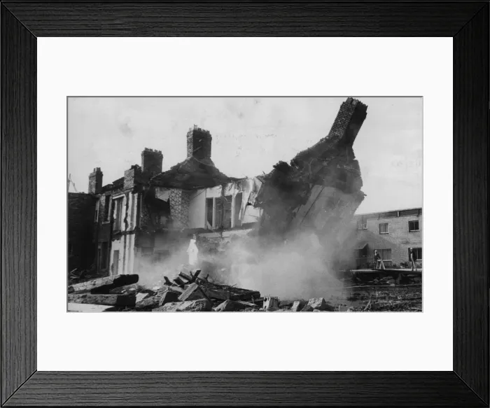 Framed Print : Byker Commercial Road  /  Raby Street 1980 - council workmen start tearning down the final