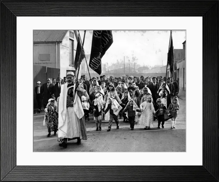 Framed Print : Moslems march in procession through the streets of Cardiff for the official laying of Framed Print : Moslems march in procession through the streets of Cardiff for the official laying of