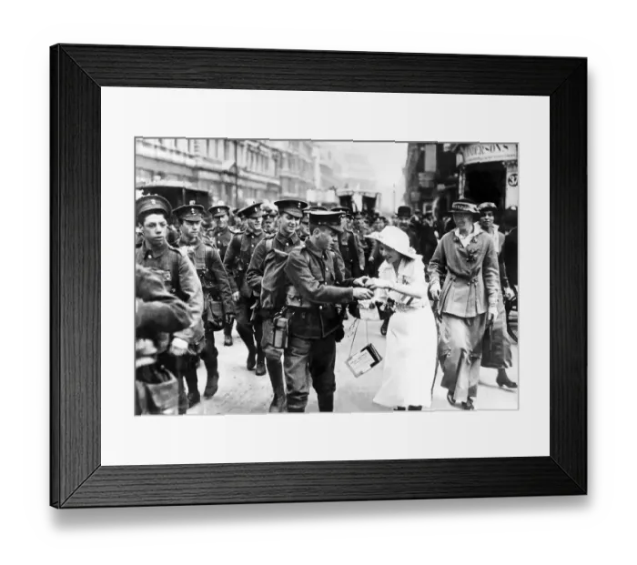 Framed Print : Girl selling Help France flags to British troops going to war 1915 Framed Print : Girl selling Help France flags to British troops going to war 1915