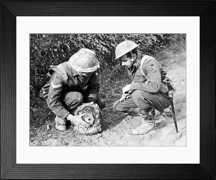Framed Print : British soldiers defusing a land mine during WW2. 1944 Framed Print : British soldiers defusing a land mine during WW2. 1944