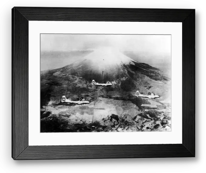 Framed Print : Three Boeing B29 Superfortresses of the US Air Force fly past Mt Fujiyama in