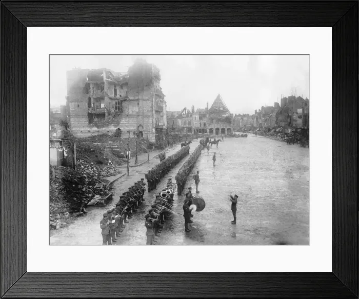 Framed Print : Band and Guard of Honour in main street of Peronne 1917 for French Presidents visit Framed Print : Band and Guard of Honour in main street of Peronne 1917 for French Presidents visit