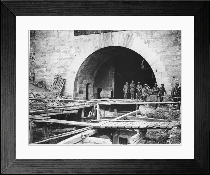 Framed Print : World War One - Hindenburg line tunnel where the St Quentin canal runs underground troops