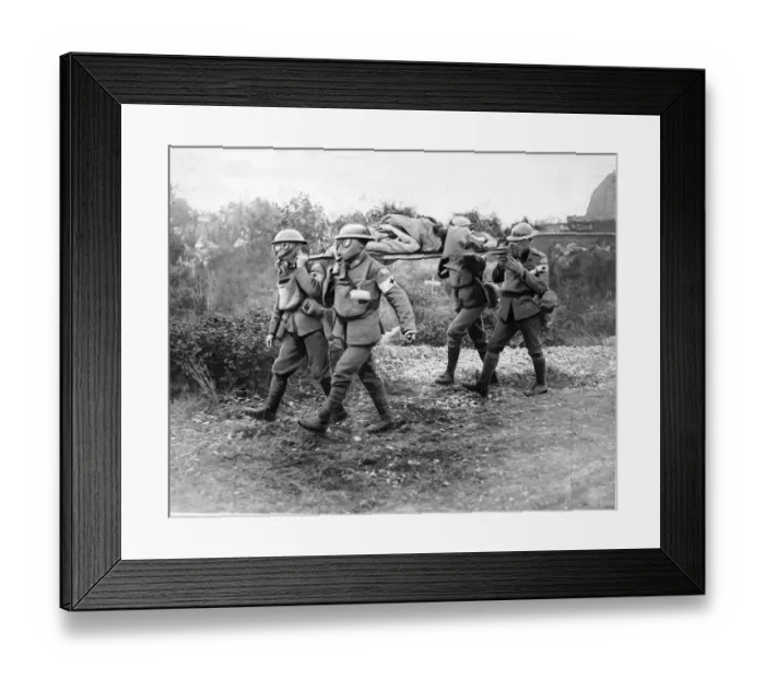 Framed Print : World War One - Canadian Medical Corp with wounded on stretcher wearing gas masks. 1918 Framed Print : World War One - Canadian Medical Corp with wounded on stretcher wearing gas masks. 1918
