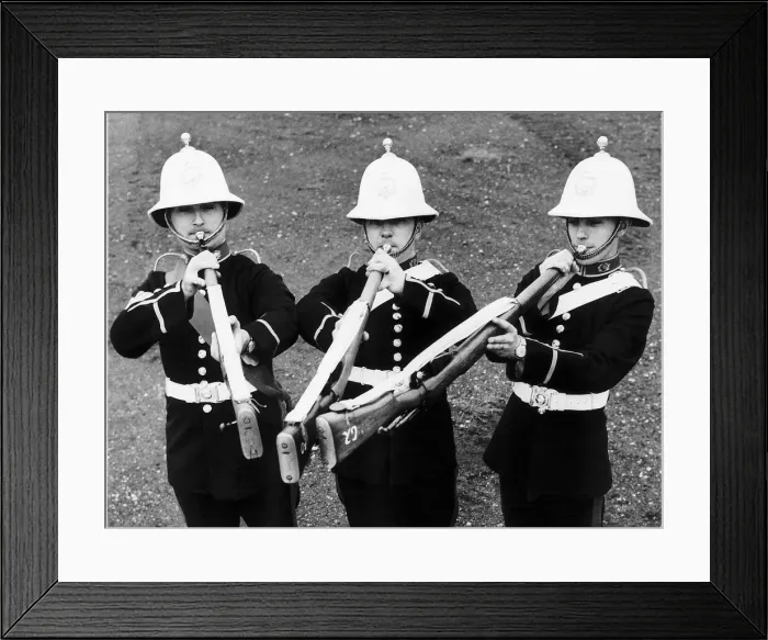 Framed Print : Marines playing music on their rifles fitted with Trumpet mouthpiece Framed Print : Marines playing music on their rifles fitted with Trumpet mouthpiece