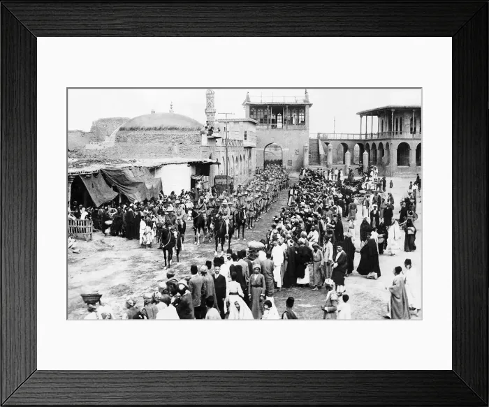 Framed Print : British troops entering Baghdad in Iraq during World War One. Circa 1916