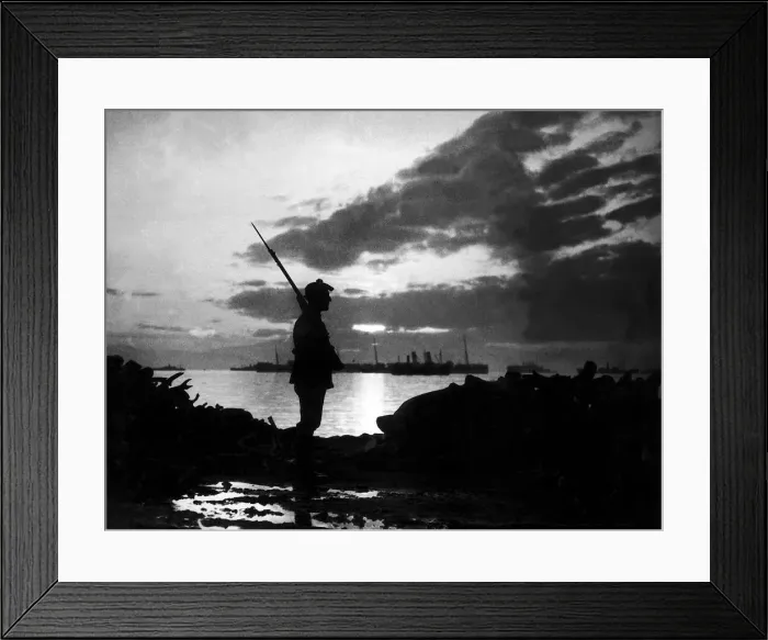 Framed Print : Silhouette of Scottish sentry guarding stores in Salonika during World War One Framed Print : Silhouette of Scottish sentry guarding stores in Salonika during World War One