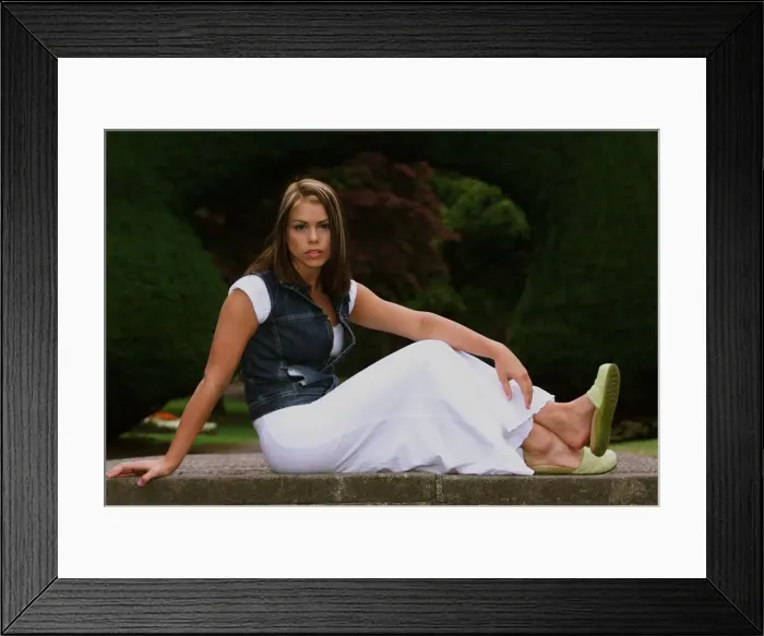 Framed Print : Teenage pop star Billie Piper Wearing a denim jacket over a white dress Framed Print : Teenage pop star Billie Piper Wearing a denim jacket over a white dress