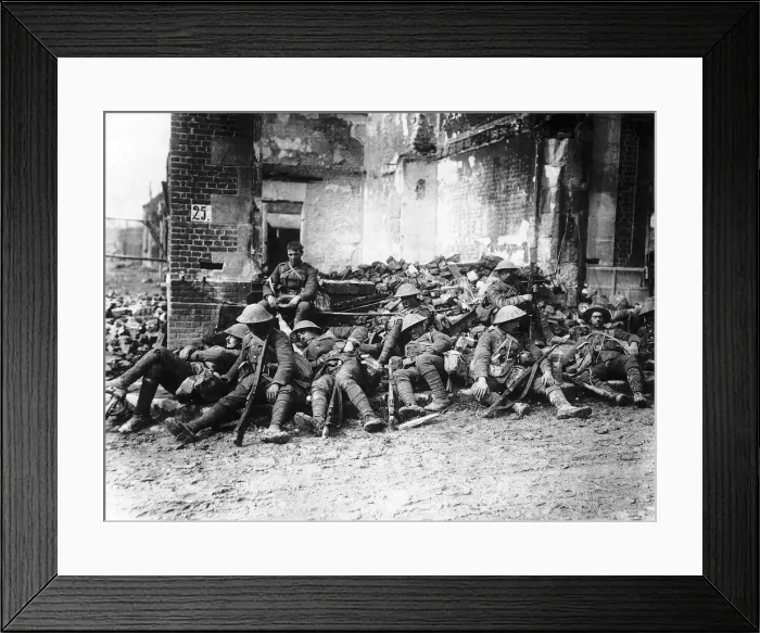 Framed Print : British soldiers resting after the advance on Peronne 1917 during World War