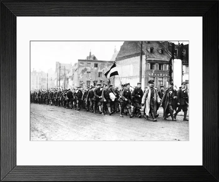 Framed Print : German soldiers march back into Germany after crossing the Rhine at Cologne