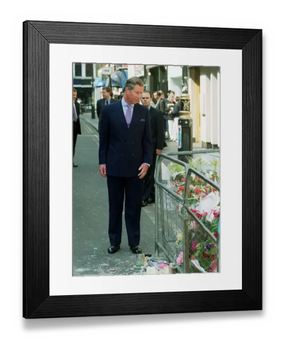Framed Print : Prince Charles visits the scene of the Soho bomb, April 1999 Framed Print : Prince Charles visits the scene of the Soho bomb, April 1999