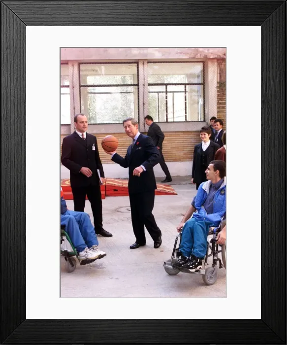 Framed Print : Prince Charles visits Romania 1998 Playing basketball at Wheelchair Centre in Framed Print : Prince Charles visits Romania 1998 Playing basketball at Wheelchair Centre in