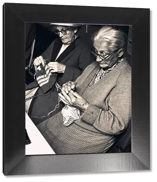 Two old ladies knitting. 16th August 1962
