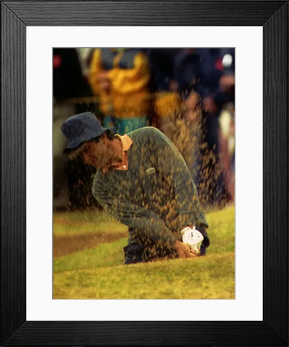 Framed Print : Seve Ballesteros golf player playing shot out of sand trap during the British Open Framed Print : Seve Ballesteros golf player playing shot out of sand trap during the British Open