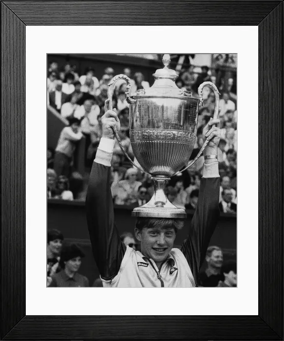 Framed Print : Boris Becker tennis holding the Wimbledon Trophy on top of his head after becoming
