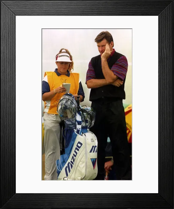 Framed Print : Nick Faldo ponders during The British Open with his caddie Fanny Sunnesson