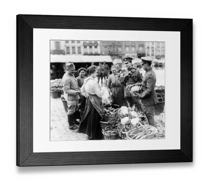 Framed Print : British troops shopping in a French vegetable market during the final year of World War Framed Print : British troops shopping in a French vegetable market during the final year of World War